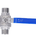 Dang Tough 3/4 Inch Stainless Steel Manual Shutoff Valve With Male Threads Heavy Duty Plumbing Fitting with blue handle.