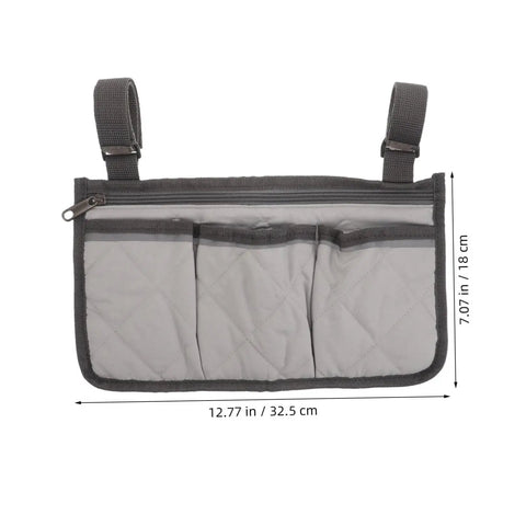 Senior Bedside Rail Organizer With Four Compartments And Cup Holder, quilted gray Pongee storage bag with adjustable straps