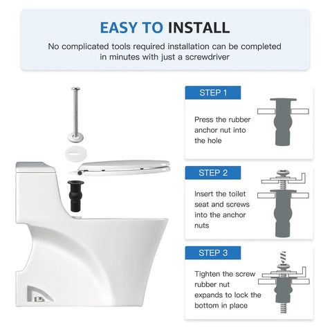 Installation steps for 4 Pack Toilet Seat Bolts Kit with Hinge Screws and Rubber Expansion Nuts showing step-by-step guide.