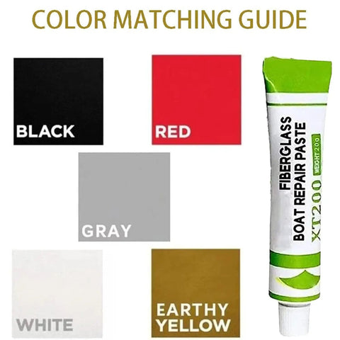 Color matching guide with black, red, gray, white, earthy yellow samples and DIY Friendly Marine Grade Fiberglass Boat Repair Paste Kit With Scraper