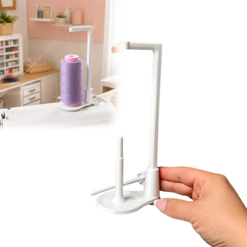 Heavy Duty Thread Spool Stand For Sewing Machines And Sweet White Cone Holder with purple thread on a sewing machine.