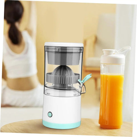 Premium Portable Electric Citrus Juicer, Powerful 45W Motor With Retractable Blade, Fast Press Fruit Extractor in a home setting with fresh juice.