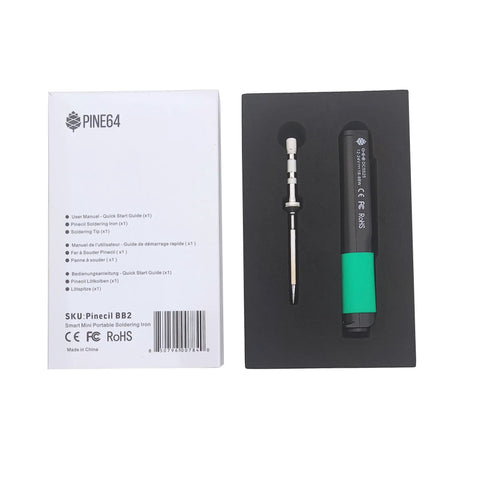 Packaging of Mini Portable Soldering Iron With Dual USB C PD QC 3.0 And DC5525 Power, slim design, includes manual.