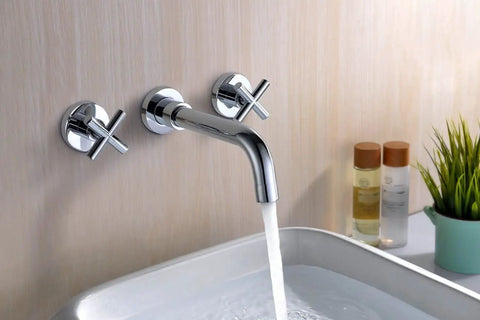 Wall Mount Bathroom Faucet With Cross Handles In Modern Chrome Finish Slick Upgrade Rough In Valve Included Durable And Corrosion Resistant Easy Install For Any Bathroom ICC ES PMG Certified ASME A112 18 1 CSA B125 1 Compliant installed over a vessel sink