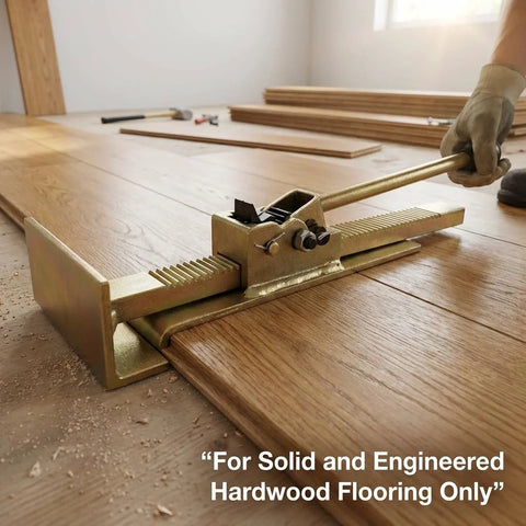 QWORK hardwood flooring jack and positioning tool on a wood floor; brass metal with ratcheting handle, gloved hand