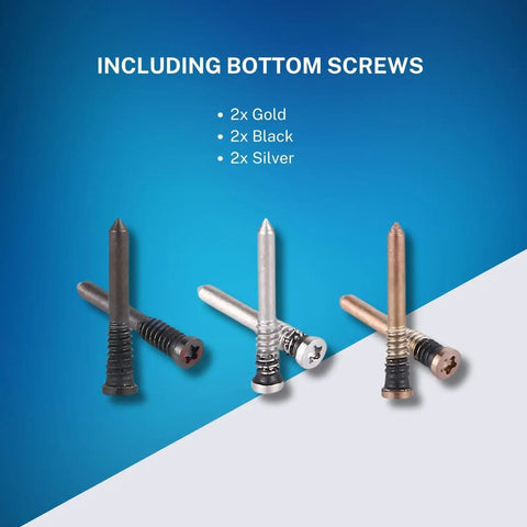 Top Shelf Complete Screw Replacement Kit For iPhone 14 Pro Max Featuring Heavy Duty Pentalobe And Logic Board Bolts In Multiple Finishes including gold, black, and silver screws.