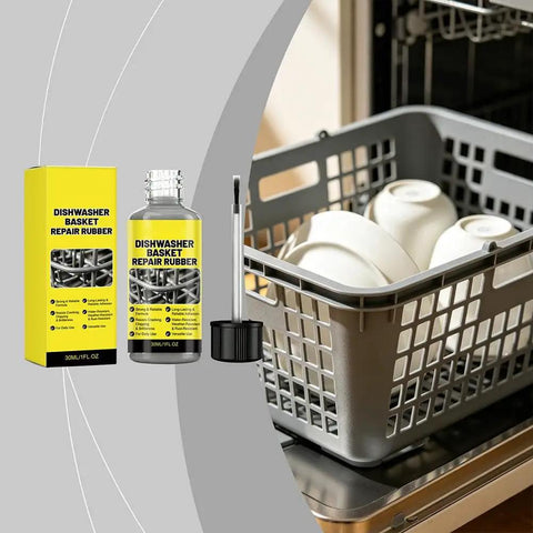 Slick Dishwasher Rack Repair Coating 30 Ml White Touch Up Paint with applicator next to a filled dishwasher basket.
