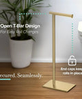 Freestanding Toilet Paper Holder Stand With Weighted Rectangle Base In Brushed Brass Finish For Modern Bathrooms, No Drill Setup
