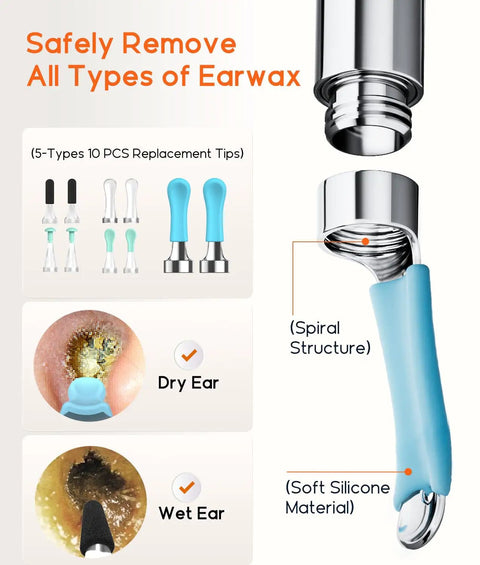 Ear Wax Removal Tool With Camera Ear Scope 1080P 6 LED Lights Replacement Tips Wide Angle Ear Canal Cleaner for ear wax types