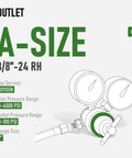 Light Duty Oxygen And Acetylene Regulator Set With CGA 540 CGA 200 Twin Hose Connectors 3 By 8 By 24 Outlets 0 To 400 PSI Delivery Fits Small Acetylene MC Tanks Easy Dial Control For Gas Welding And Brazing, A-size oxygen outlet, 2-inch gauge