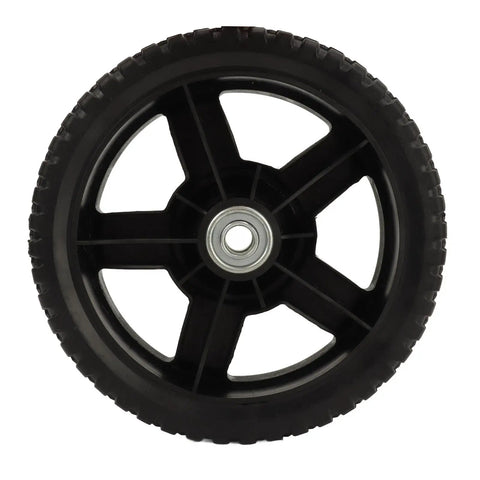 8-Inch PVC Mower Replacement Wheels With Bearings, single wheel image, black PVC material, heavy-duty grip traction