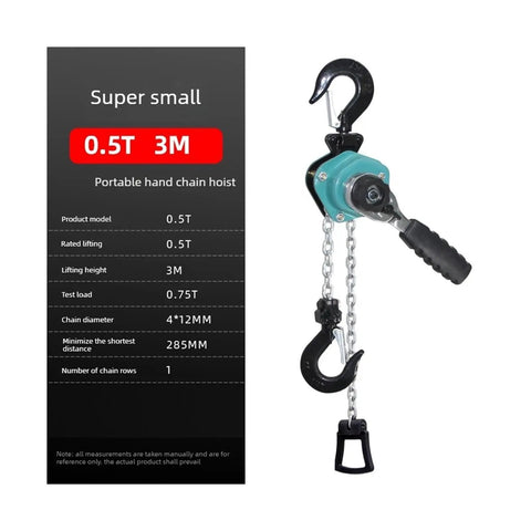 Heavy Duty Manual Lever Hoist Hand Chain Pulley For Lifting Loads Up To 0.5 Tons With 3 Meter Lift Capacity And Smooth Tension Control For Tough Jobs, displayed with specifications.