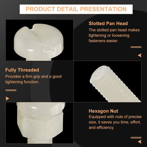 Hella Tough White M5 Nylon Screw And Hex Nut Assortment Kit 40 Sets Slotted Pan Head Fasteners close-up showing flat head and hex nut features.