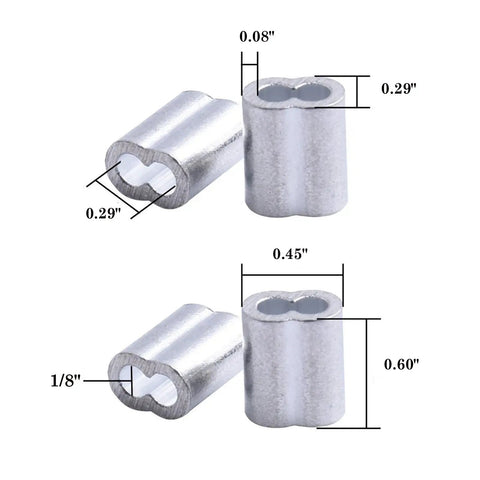 1/8 Inch Aluminum Crimping Sleeve Set For Wire Rope And Cable, Gritted Loop Ferrules, Durable Aluminum Crimp Ferrules, Easy To Use With Vise Or Pliers, Ideal For Dog Leashes And Cable Lines, 100 Pieces; 1/8 inch aluminum crimp sleeve with 0.29 x 0.45 inch dimensions