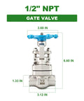 Forged 304 Stainless Steel Gate Valve One Half Inch NPT Female With Wheel Handle Full Bore Sluice Valve dimensions chart
