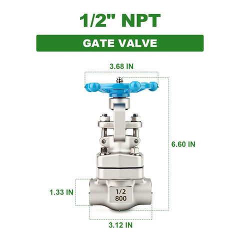 Forged 304 Stainless Steel Gate Valve One Half Inch NPT Female With Wheel Handle Full Bore Sluice Valve dimensions chart