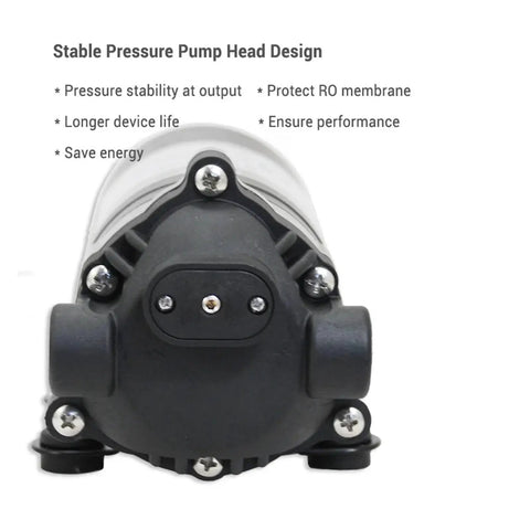 Self Priming RO Booster Pump Delivering Heavy Lifting Water Pressure For 200 GPD Reverse Osmosis Systems front view of durable pump head design