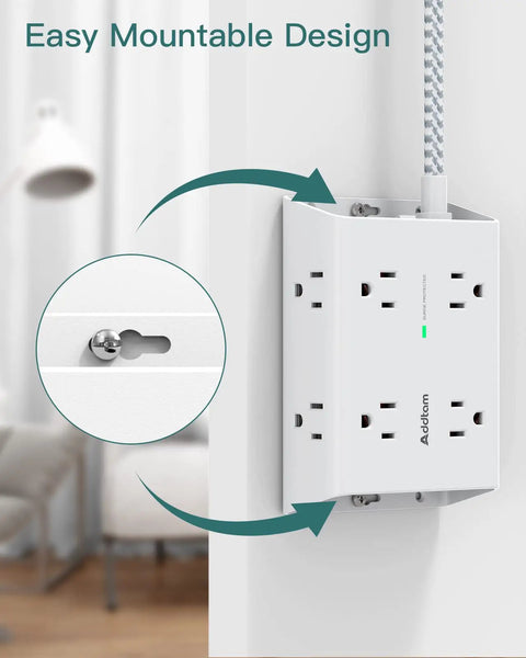 12 In 1 Surge Protector Power Strip With 8 AC Outlets And 4 USB Ports Including USB C Fast Charging, wall mounted