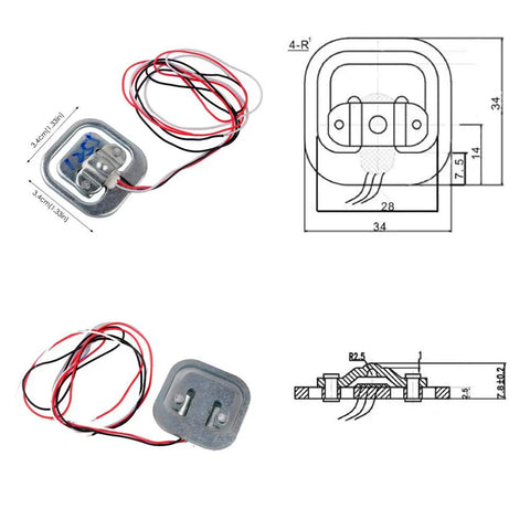 Four 50kg Load Cell Half Bridge Sensor Kit With HX711 Module For Precise Weight Readouts, Scalable To 100kg With Two Sensors Or Standalone With External Resistor, Perfect For DIY Scales, Robotics, And Force Sensing Projects. metal load cell with wires and dimensions