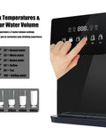 Person using wall mounted instant hot water dispenser with LED touchscreen and child lock, six temperature options visible