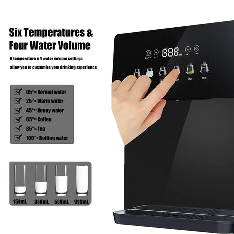 Person using wall mounted instant hot water dispenser with LED touchscreen and child lock, six temperature options visible