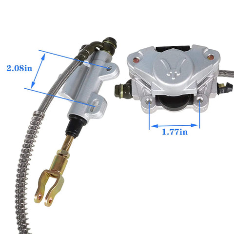Close-up of brake master cylinder and caliper from 32 Inch Go Kart ATV Rear Axle Assembly Kit With Shaft Hub Chain And Brake Master Cylinder Replacement For 6 To 10 Wheels Beefed Up Heavy Duty Chrome Construction.
