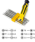 6 In 1 Screwdriver Set With Magnetic Precision Bits For Electronics, Glasses, Watches, Phones, And Laptops displayed with bits