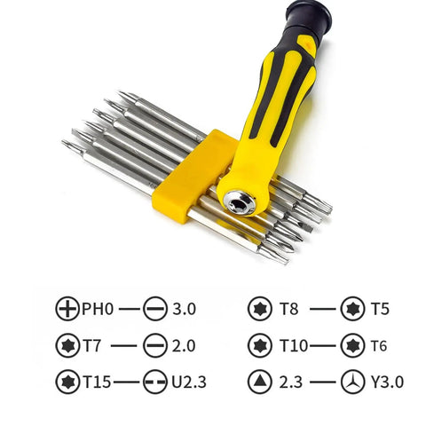 6 In 1 Screwdriver Set With Magnetic Precision Bits For Electronics, Glasses, Watches, Phones, And Laptops displayed with bits