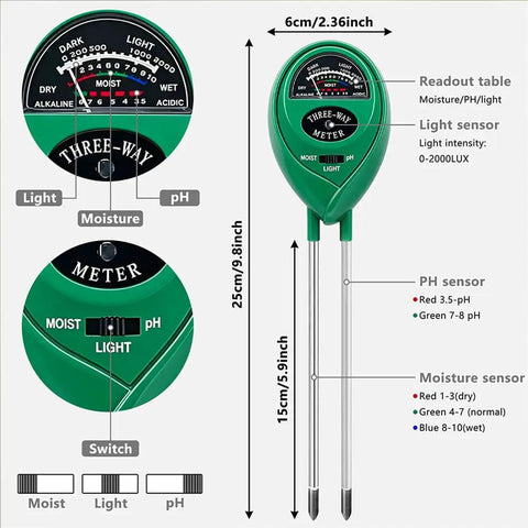 3 In 1 Soil Tester Meter For Moisture pH And Light No Batteries Required Battery Free Easy Readouts For Plants And Home Gardeners Quick Accurate Readings For Smart Gardening green 25cm probe