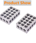 Two silver aluminum 1 x 2 x 3 inch precision blocks with 23 threaded holes on top and sides.