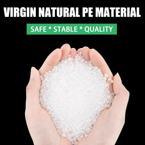 White HDPE plastic pellets held in cupped hands, virgin natural polyethylene material