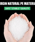 Hands holding white PE plastic pellets under text stating 'Virgin Natural PE Material' and 'Safe * Stable * Quality'.