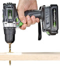Genesis 20V Cordless Drill Driver With Three Eighths Inch Chuck And Built In LED Work Light drilling into wood
