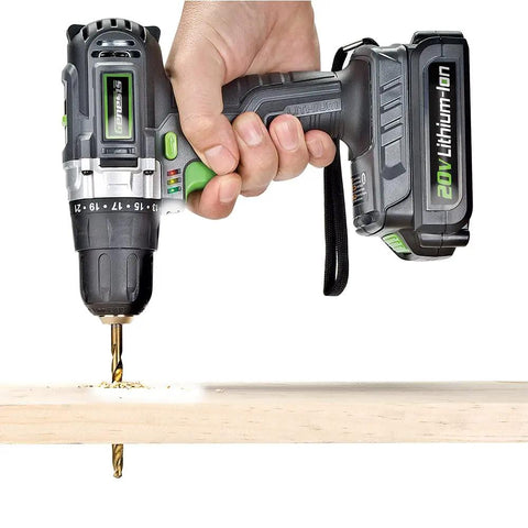 Genesis 20V Cordless Drill Driver With Three Eighths Inch Chuck And Built In LED Work Light drilling into wood