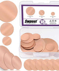 Copper Sheet Kit 18 Pcs in Three Sizes 0.02 Inch Thick Pure Copper Sheets for Crafts DIY Jewelry Electrical Repairs and Industrial Projects Includes 0.75 Inch, 1.2 Inch, and 2 Inch Pieces shown in packaging with various sizes displayed