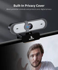 Smooth 1080P 60FPS Webcam With Autofocus Dual Mics And Privacy Cover mounted on a monitor, showing a user gesturing.