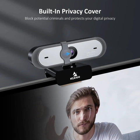 Smooth 1080P 60FPS Webcam With Autofocus Dual Mics And Privacy Cover mounted on a monitor, showing a user gesturing.