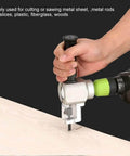Hand using Double Head Metal Cutter And Nibbler Drill Attachment for on the go car repair cutting wood with precision and durability.