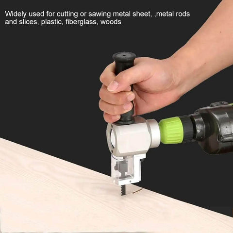 Hand using Double Head Metal Cutter And Nibbler Drill Attachment for on the go car repair cutting wood with precision and durability.