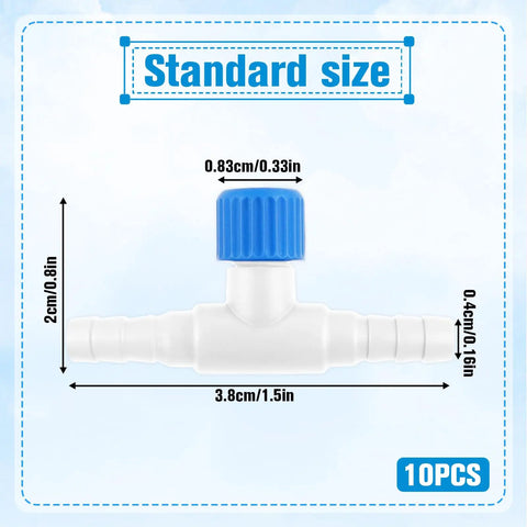 Pro Grade T Shaped Aquarium Air Valve Set 10 Pcs For Three Sixteenths Inch Inner Diameter Airline Tubing, dimensions shown