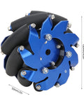 Mecanum wheel, blue 4-inch frame with black rollers and bolts (front view)