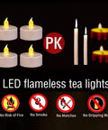 150 Pack Flameless LED Tea Lights Warm Yellow Battery Powered With About 200 Hours Of Battery Life Party Ready For Any Occasion Weddings Birthdays And Home Decor shown with icons indicating safety features