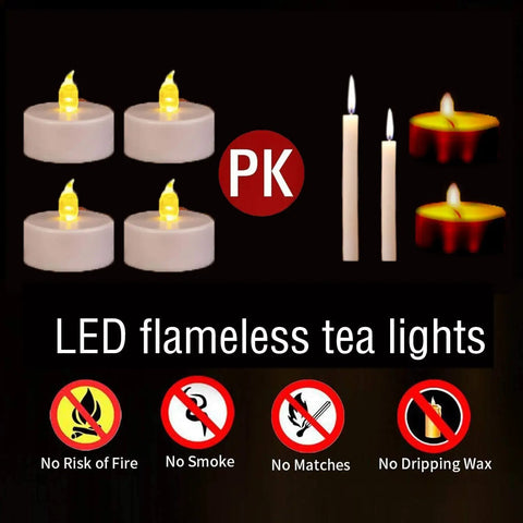 150 Pack Flameless LED Tea Lights Warm Yellow Battery Powered With About 200 Hours Of Battery Life Party Ready For Any Occasion Weddings Birthdays And Home Decor shown with icons indicating safety features