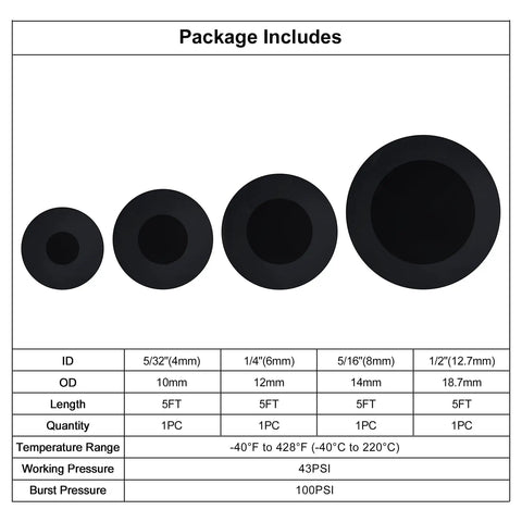 Measurement chart for Go-To Heavy Duty Silicone Vacuum Tubing Kit Black 5 Ft 130 PSI Max 4 Piece Set With 4mm 6mm 8mm 12.7mm IDs