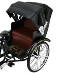 Vintage Metal Tricycle Model With Heavy Duty Aluminum Alloy Build And Old School Three Wheel Rickshaw Design showing detailed black seat and canopy.
