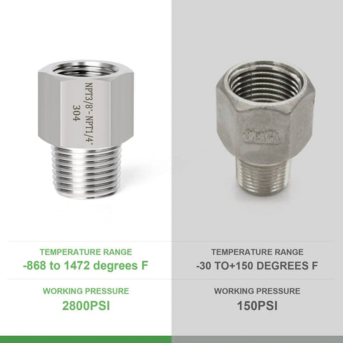 Dope 5 Piece Forged 304 Stainless Steel Reducer Adapter Set, 1/4 Inch Male NPT To 3/8 Inch Female NPT, comparison of temperature and PSI