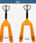 Heavy Duty Electric Pallet Truck With 4400 Lb Capacity For Tough Warehouse Work showing 550MM and 685MM fork sizes.