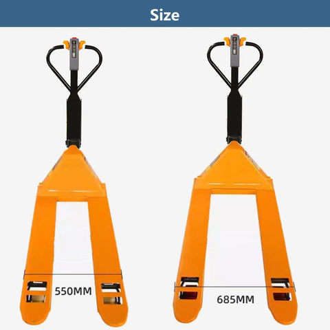Heavy Duty Electric Pallet Truck With 4400 Lb Capacity For Tough Warehouse Work showing 550MM and 685MM fork sizes.