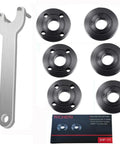 Grinder flange angle wrench set: 1 silver wrench and six black flange nuts (3 inner, 3 outer) for 5/8-11