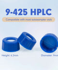 Premium Quality 100 Pack Blue 9 Mm Screw Thread HPLC Vial Caps Featuring Pre Slit PTFE Lined Septa That Pierces Like A Dream For Smooth Autosampler Action And Total Zero Hassle Lab Prep - Blue 9mm screw caps with 6.2mm height.